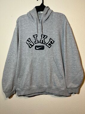 Y2K Nike Size XL Grey Center Swoosh Embroidered Spellout Hoodie Vintage